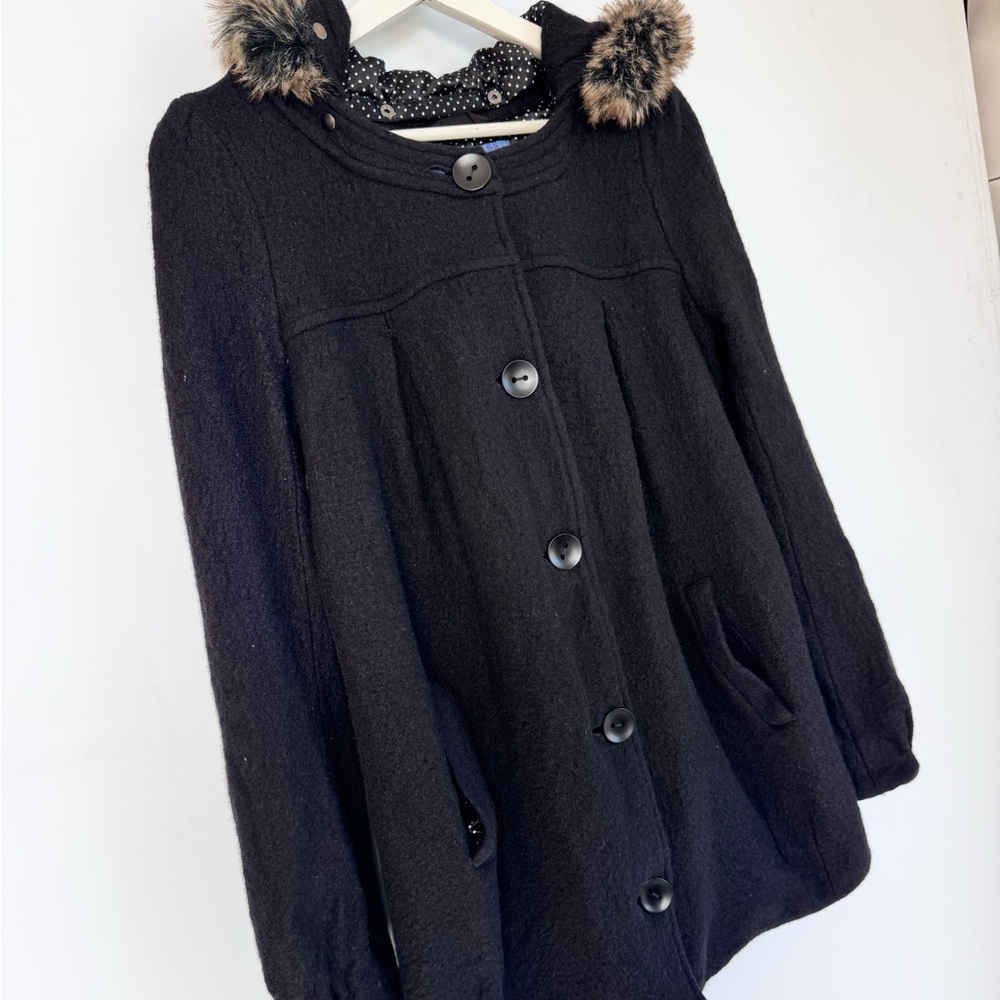 Free People Black Wool Blend Polka Dot Lined Faux Fur Hooded Jacket Size Large